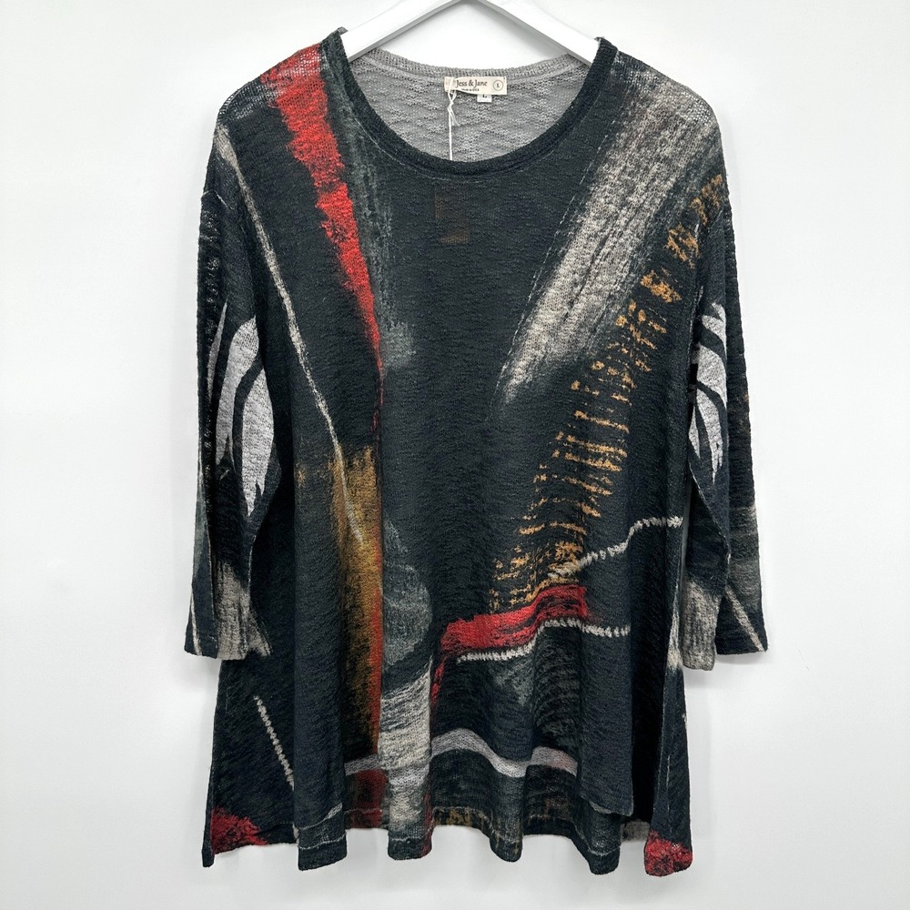 Jess & Jane Guilded Top Shirt Large Sheer Brushed Loose Knit Artsy Indie USA New